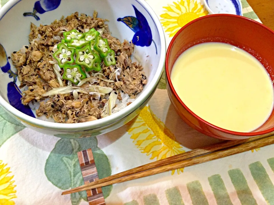 サバ缶の梅そぼろ丼！冷製モロコシスープを添えて^^|MORISENZANさん