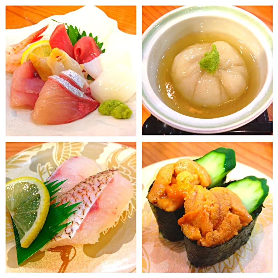 Snapdishの料理写真:ちょっとお高い回転寿しで、刺し盛り、蓮根蒸し、のどぐろ、うに|chacoさん