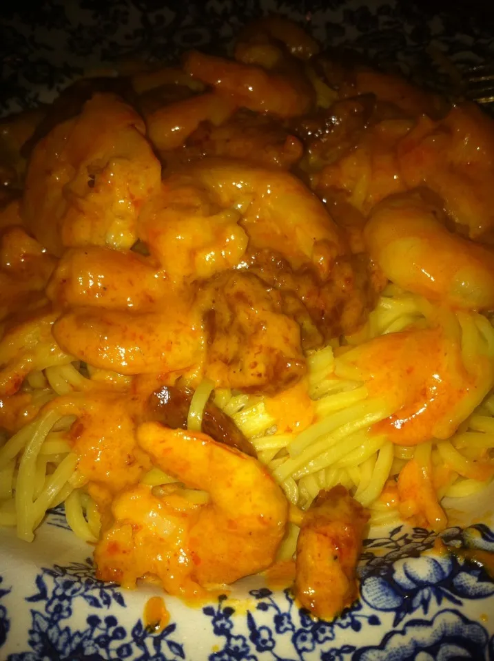 King prawns and Chorizo on a yogurt sauce Spaghetti|PHILIPPEさん