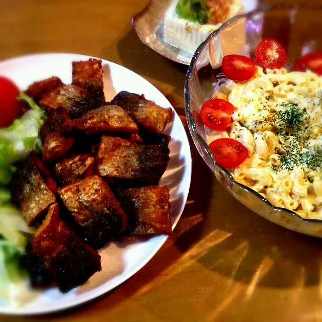 今日の夕飯だよ～鯖の竜田揚げ、ブロッコリーとゆで卵のマカロニサラダ、冷奴|なおみさん