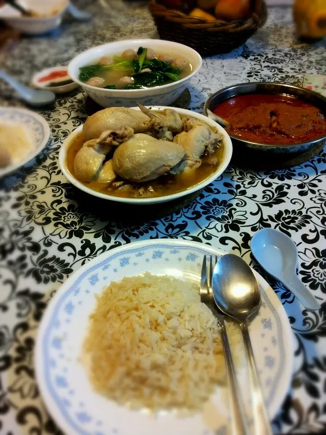 chicken rice, potsticker soup and assam fish.|Ernさん