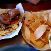 Chili burger. Fries. Spinach and Artichoke dip with chips.|Ginaさん