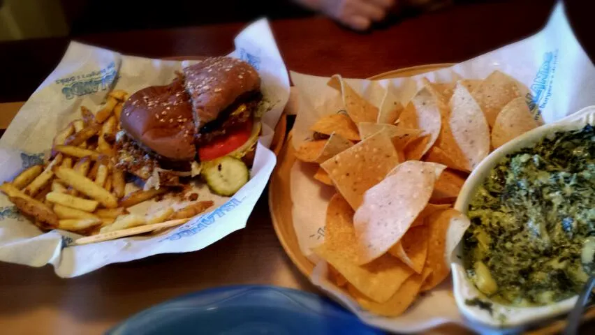 Chili burger. Fries. Spinach and Artichoke dip with chips.|Ginaさん