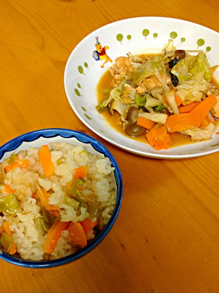 鮭のちゃんちゃん焼き＆なめ茸の炊き込みご飯♪|稲見謙次さん