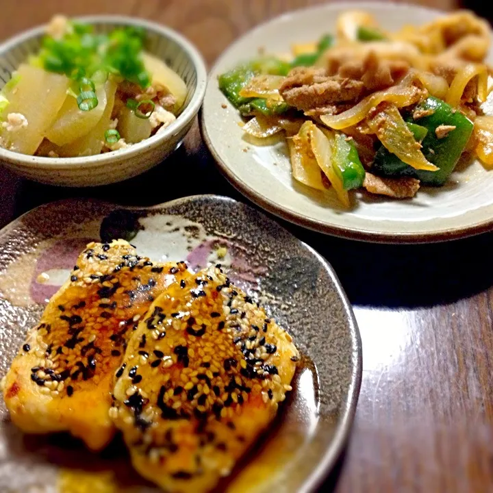 夕食！鳥のひき肉、野菜炒め、豚バラ肉と大根煮|ゆりえさん