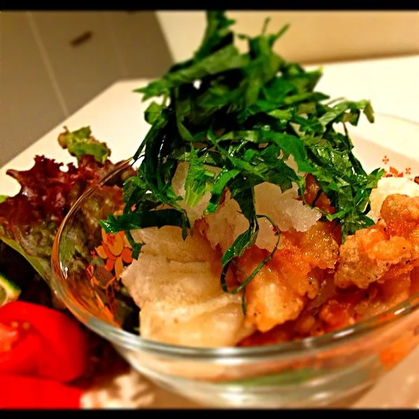 お餅揚げと鶏唐揚げの麺つゆおろし大根〜ヽ(ﾟ∀ﾟ)ﾉ|ゆめさん