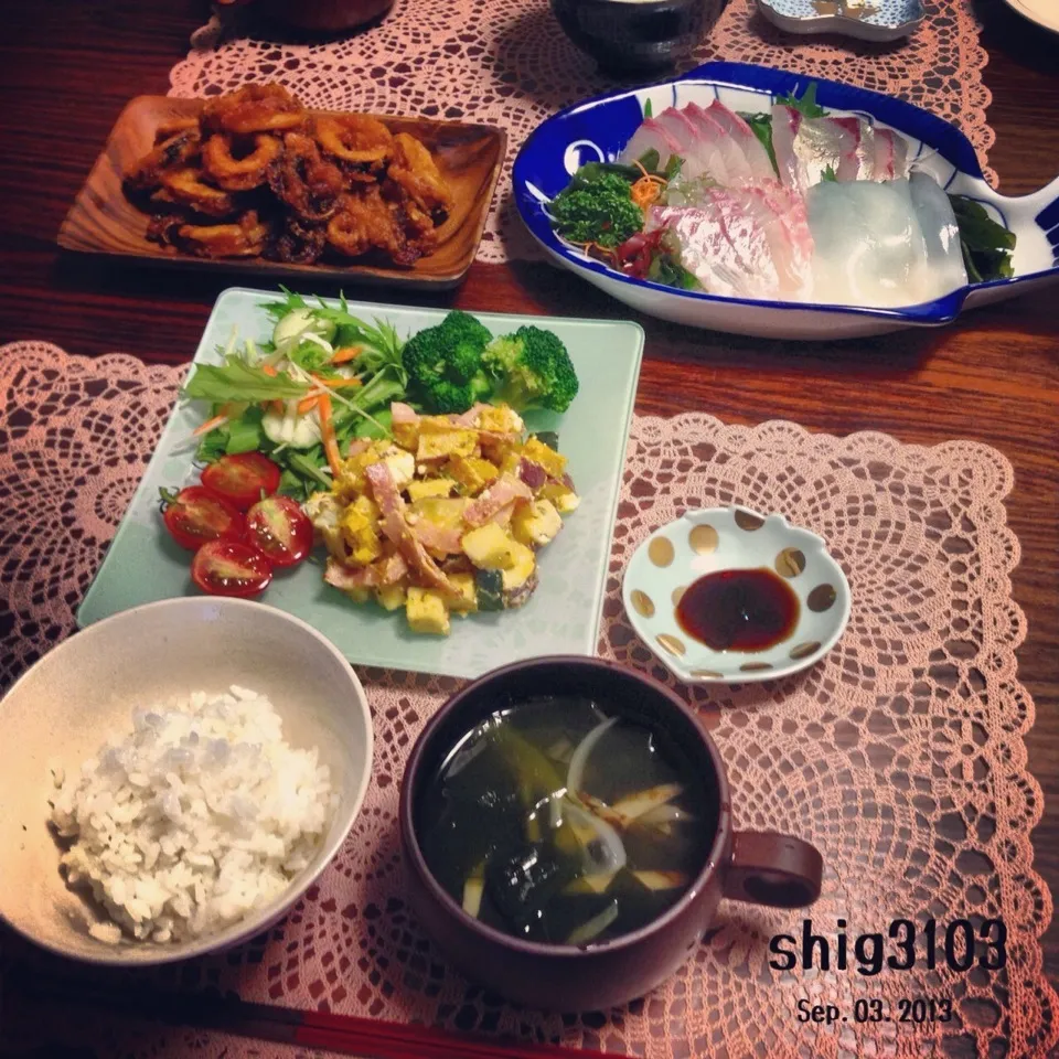 Snapdishの料理写真:さつま芋とクリチとベーコンのマスタードサラダ の夕飯🎶|さと⋆さん