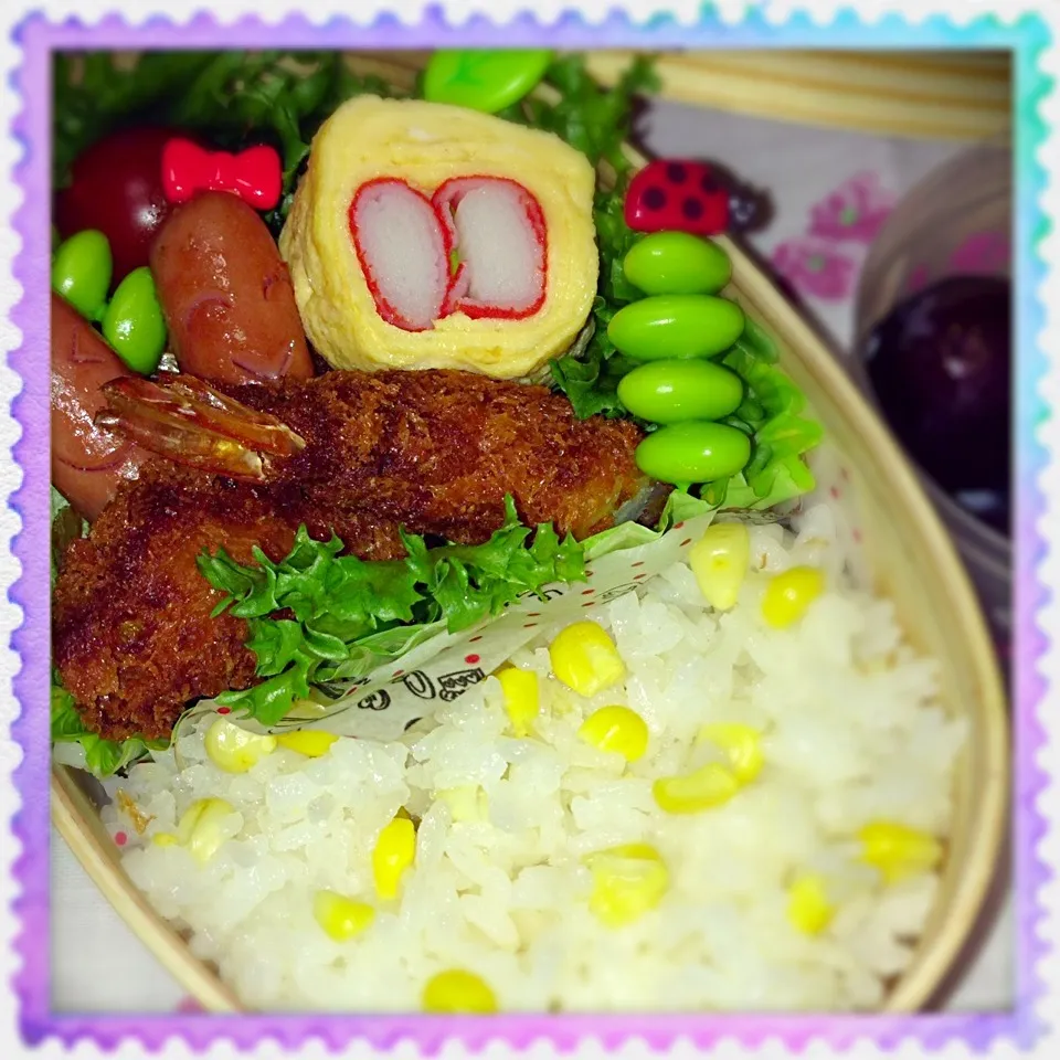 Snapdishの料理写真:soraさんの〝🌽とうもろこしご飯〟で、ゆっぴーのお弁当ઈ(◕ั◡◕ั)*ﾟ*♡|kumiさん