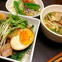 豚の角煮丼•根菜たっぷりスープ•おくらのねばねばサラダ|aya.hさん