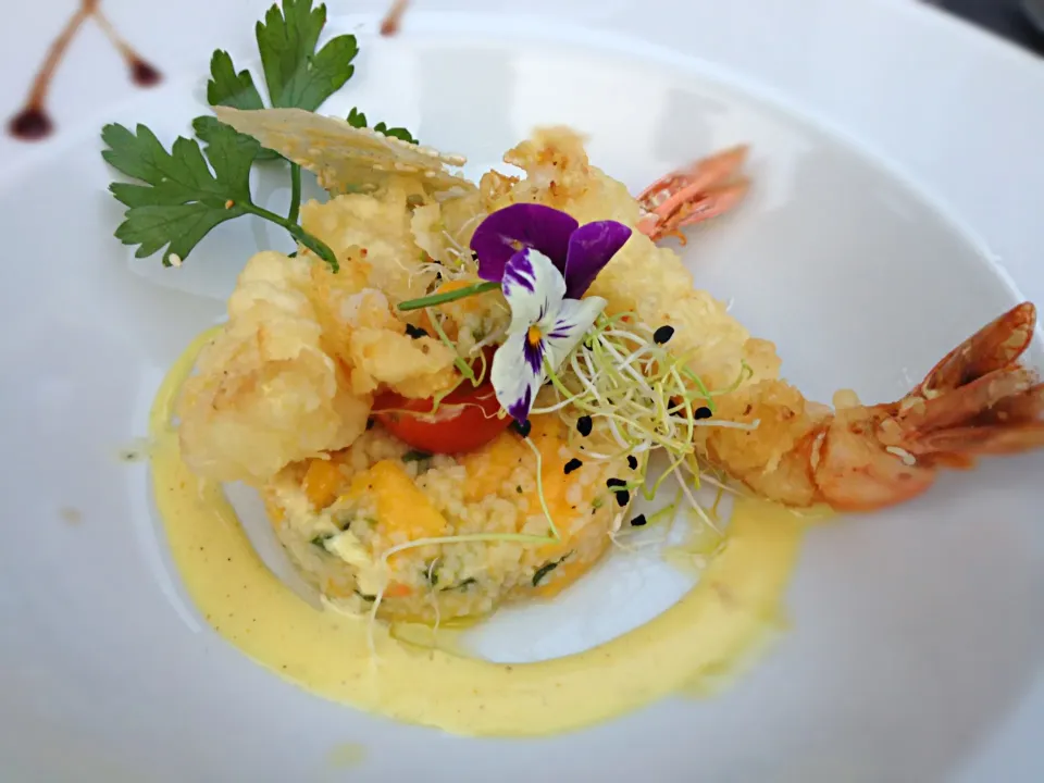 Shrimp tempura w/tabbouleh & curry sauce|Junya Tanakaさん