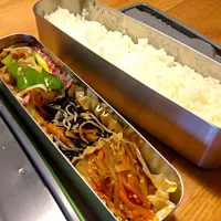 Snapdishの料理写真:お昼のお弁当：金平ゴボウ、麻婆茄子、ひじきの煮物|leezaspider1991さん