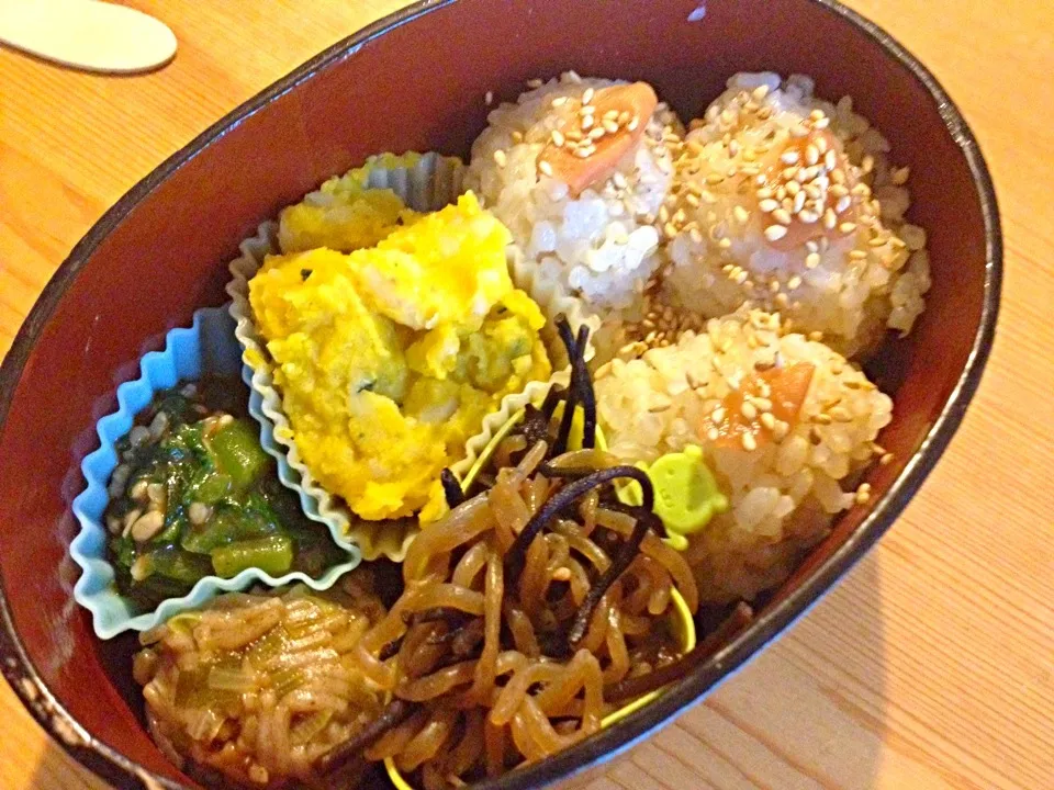 【今日のベジ弁】カボチャとインゲン豆の塩煮、そば蒸し団子、ツルムラサキの甘酒味噌和え、ひじきこんにゃく|yuccaさん