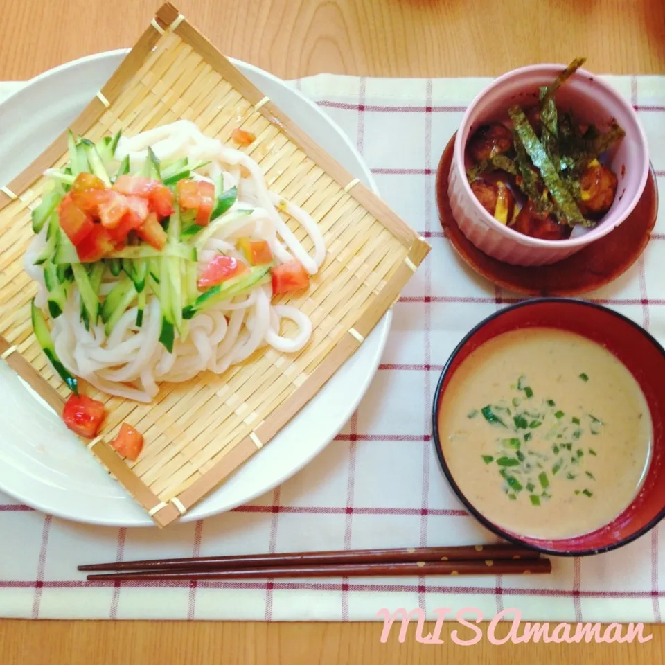 Snapdishの料理写真:絶品❤簡単ゴマだれで冷やしうどんランチ🌟おから餅の醤油マヨ焼き|みさmamanさん