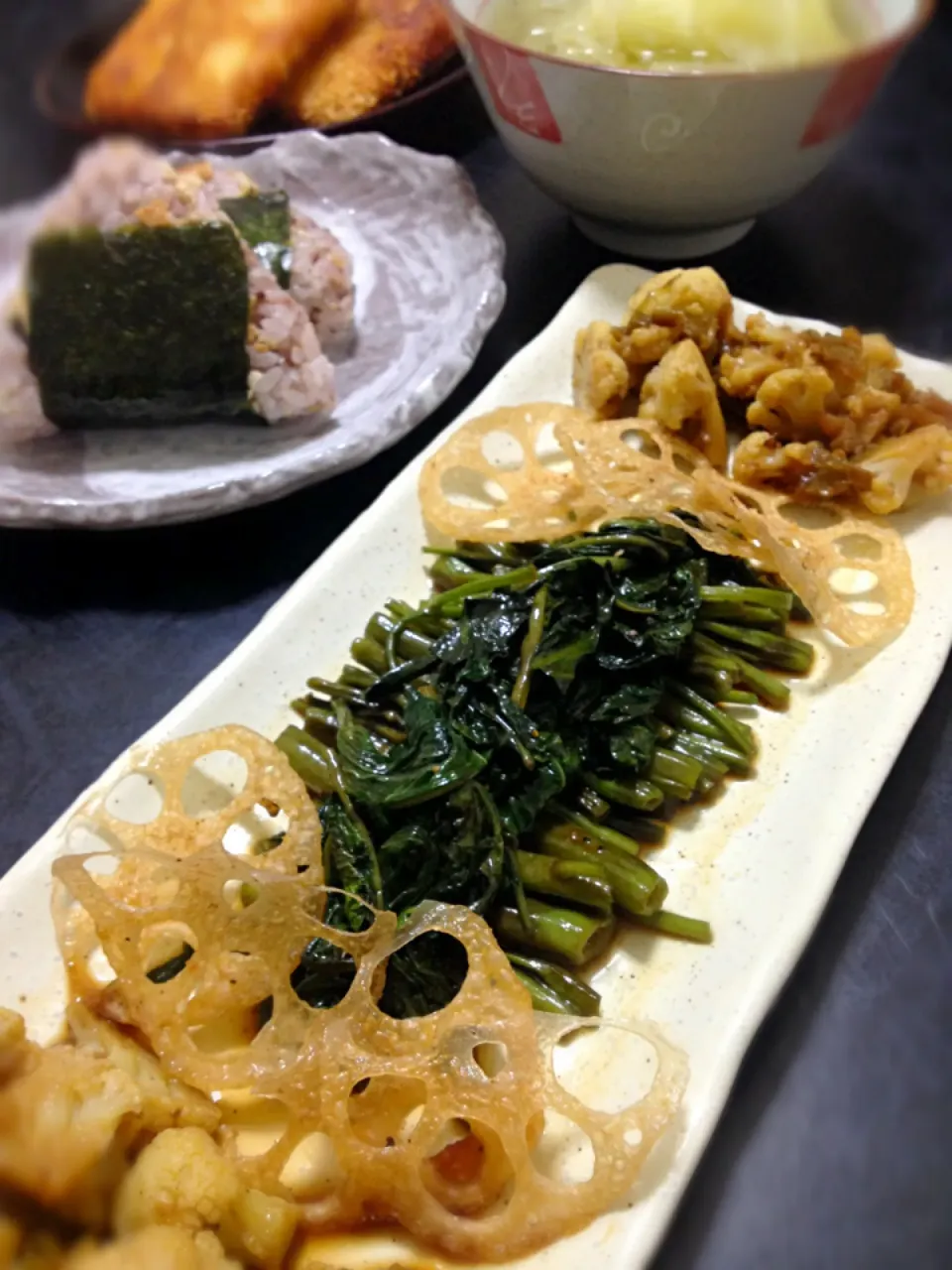 Chili Cauli, Crispy Renkon, Shouyu-Mirin-Sake Swamp Cabbage|Nyam | 照ちゃんさん