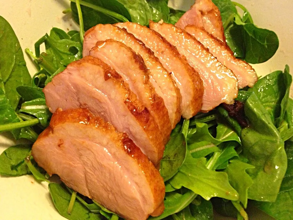 Rocket and spinach leaves with shiso ume dressing and warm smoked duck|Ong Sor Fernさん