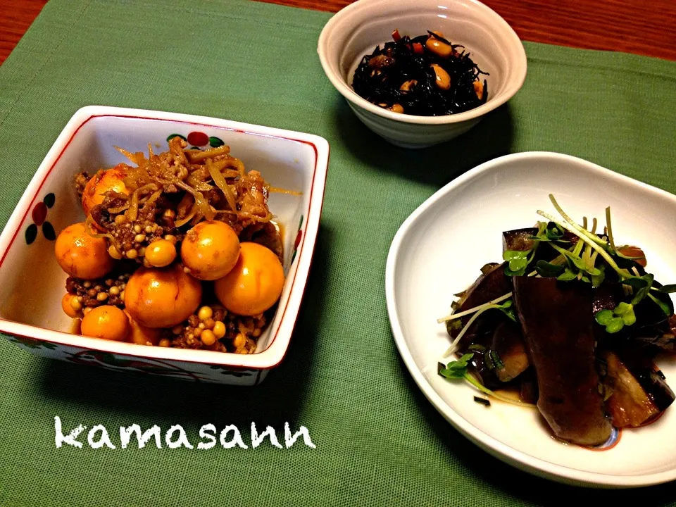 Snapdishの料理写真:またまたみほちんのニラ醤油で、蒸し茄子の冷製、玉ひもの生姜煮、ひじき豆|かまさん