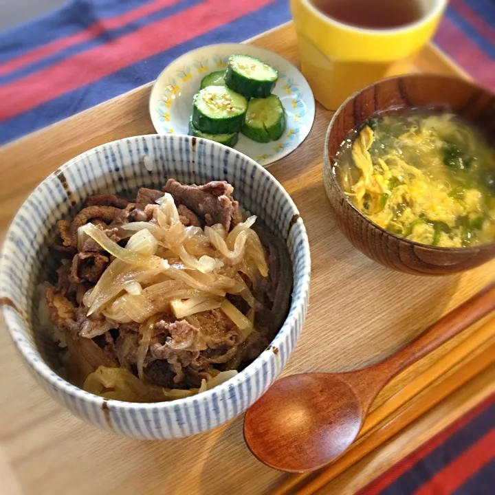 牛丼定食♡ほうれん草と卵の春雨スープ|hisaminさん