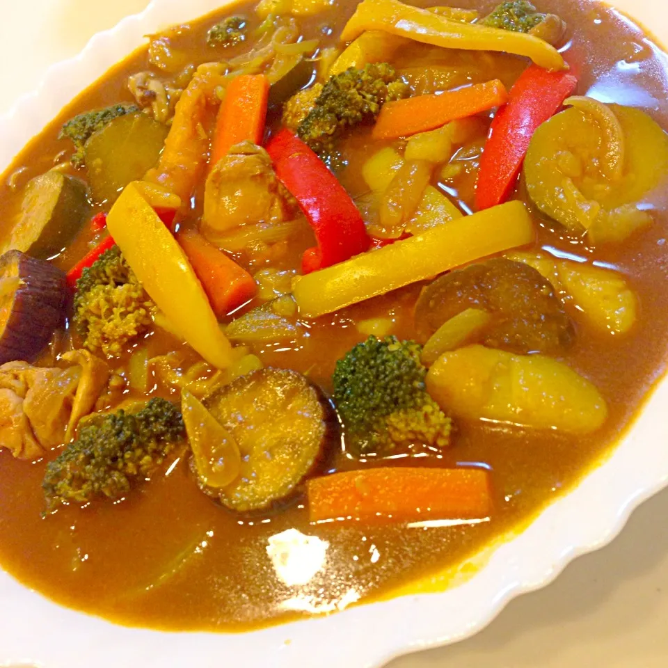 Snapdishの料理写真:鶏もも肉と12種類の野菜の冷たい辛いスープカレー♥|ともきーた (伊藤 智子)さん