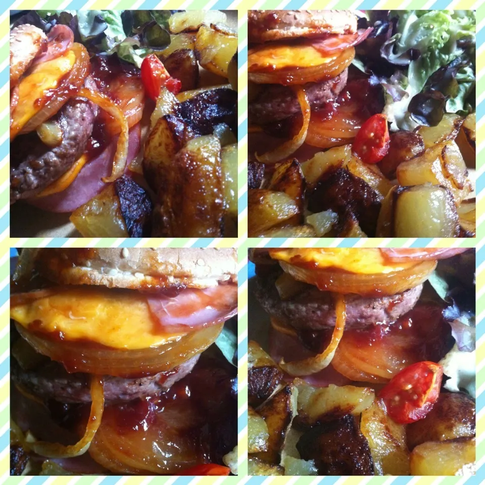 Burger fait maison, pommes fondantes et salade verte. Homemade Burger, Roasted potatoes and green salad|PHILIPPEさん