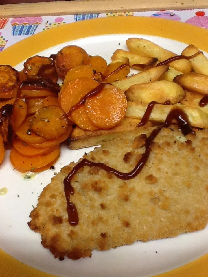 Meatfree kiev, braised carrots and chips|Alan (Fred) Pipesさん