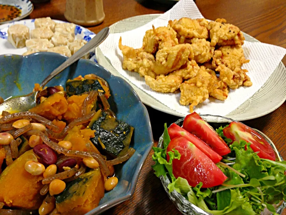 とり天、カボチャと豆の煮物|うめち。さん