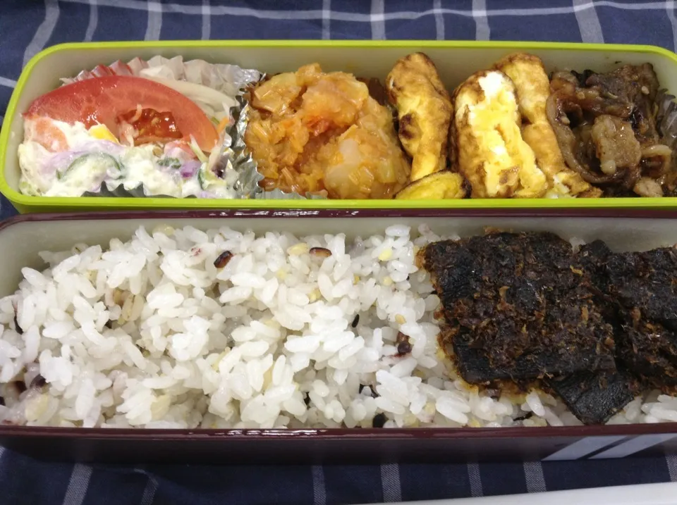 弁当（カルビ焼肉、玉子焼き、海老チリ、サラダ、鰹昆布）|SasaMasa213さん