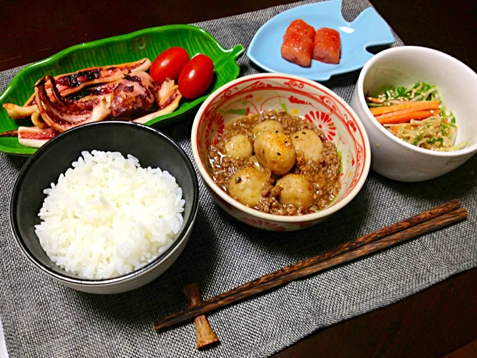 里芋のそぼろあんかけ.イカの一夜干し焼き.水菜とえのきのお浸し|恭子さん