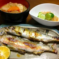 Snapdishの料理写真:釣り鮎の塩焼き、豚汁、キュウリとクラゲの中華和え