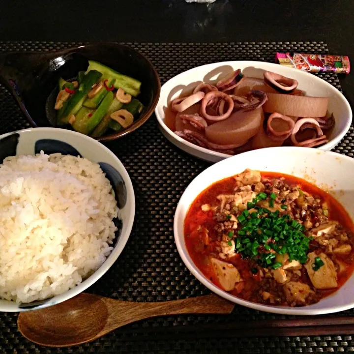 麻婆豆腐、イカと大根の煮物、きゅうりの漬物|ayumiさん