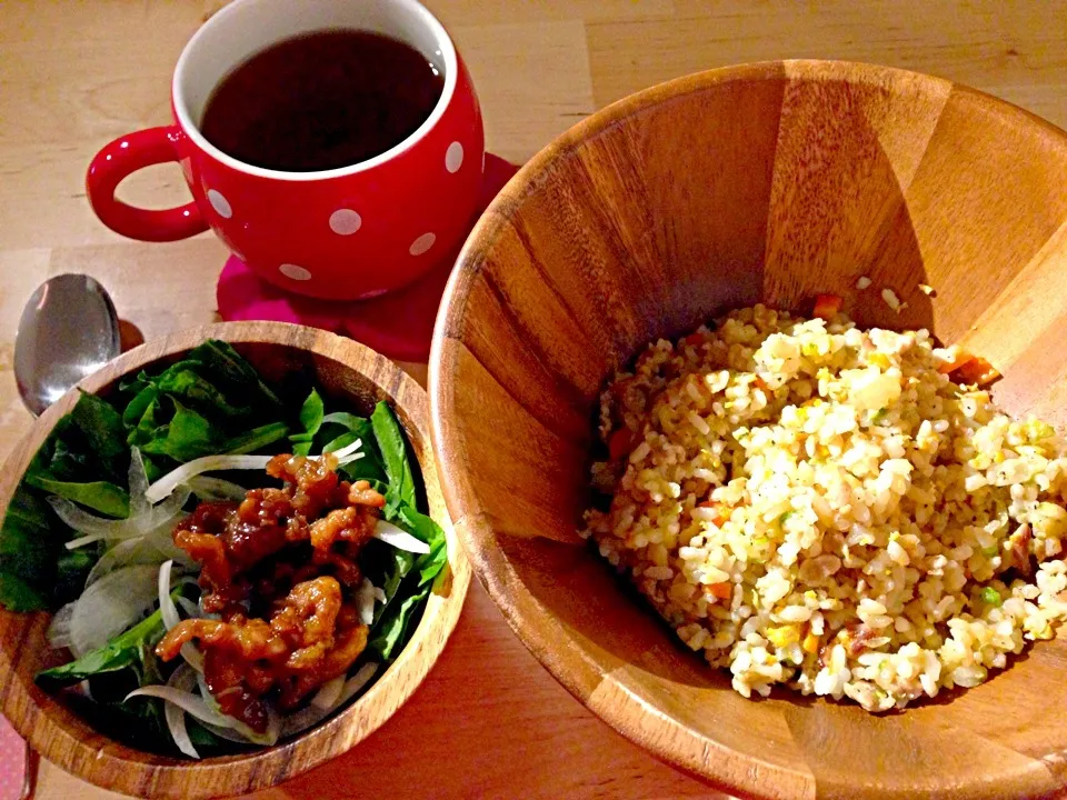 炒飯、豚しぐれ煮とほうれん草のサラダ|sayaさん