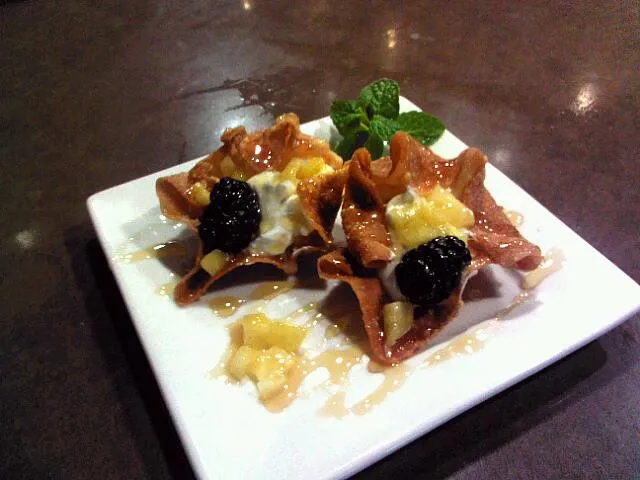 Greek yogurt in fried won tons with pineapple, blackberries, and honey|James Garciaさん