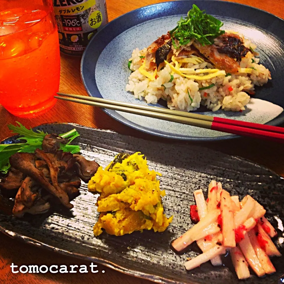 前菜三種盛りと、ちび隊長の焼き鯖ちらし寿司|tomocarat.さん