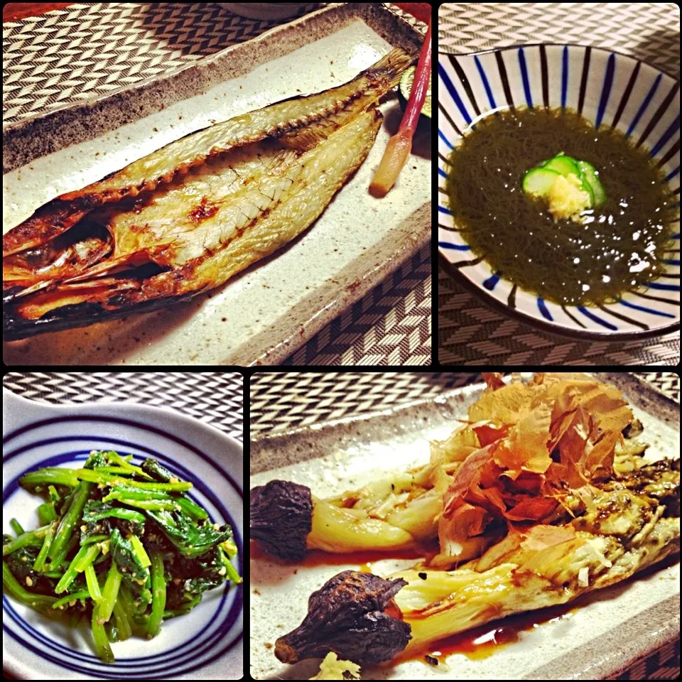 梭子魚干物、焼茄子、酢の物、和え物 Grilled kamasu(barracuda) and more.|まる(丸大豆)さん