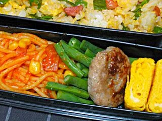 お弁当（炒飯、ナポリタン、ささげ、ハンバーグ、卵焼き）|すーさん