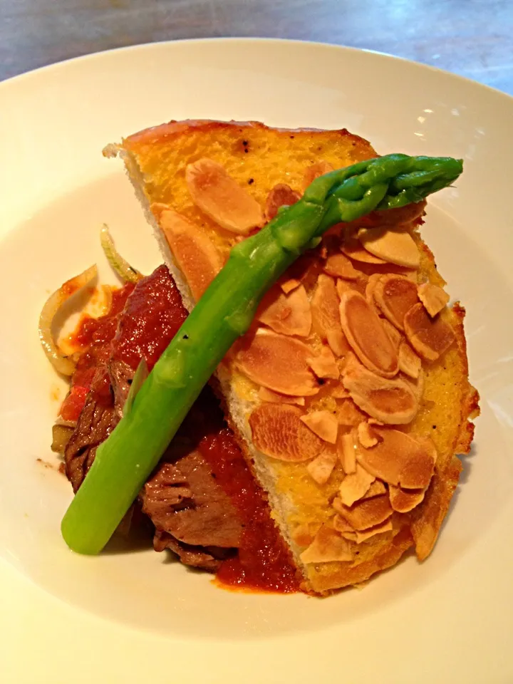 Lamb frito with late summer vegetables and almond bread for our bodega Muga wine dinner second course|lauren shannonさん