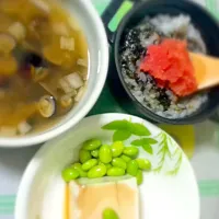 明太子海苔雑炊 しじみのお味噌 冷奴の枝豆添え|ばた ばたっちさん