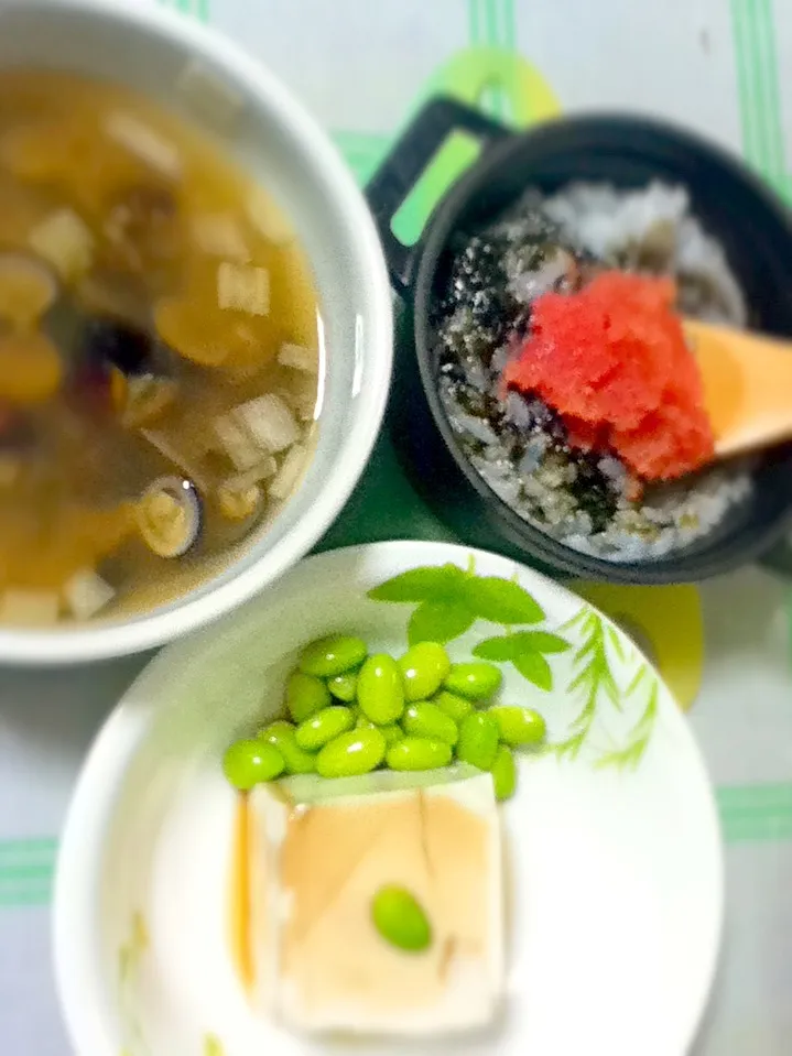 明太子海苔雑炊 しじみのお味噌 冷奴の枝豆添え|ばた ばたっちさん