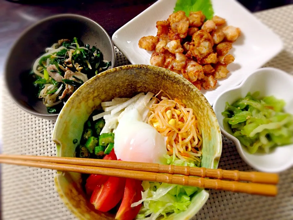 晩dinner…韓国冷麺サラダ、軟骨唐揚、ニラ豚、リュウキュウ酢物|chippyさん