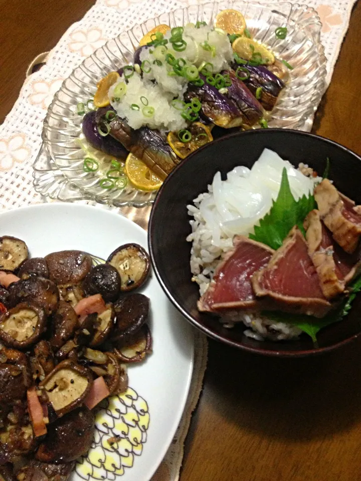 刺身丼、生椎茸ソテー、炒め茄子ポン酢漬け|ユムユムさん