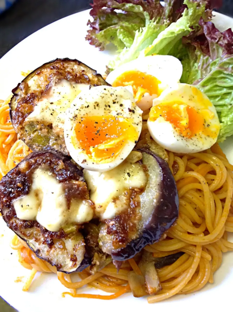 焼き茄子と卵のせケチャップスパ|ずきみくさん