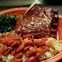 bbq pork ribs white rice red kidney beans and spinach|Chris Hollyさん