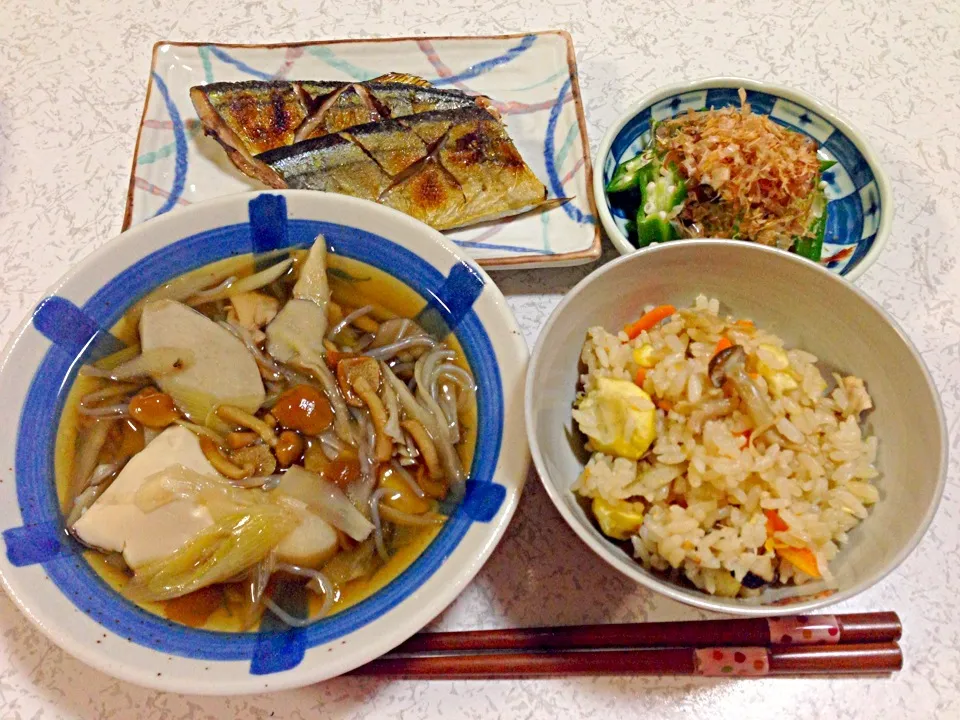 Snapdishの料理写真:秋の味覚♪ 芋の子汁・栗ご飯・秋刀魚！|rin♪さん