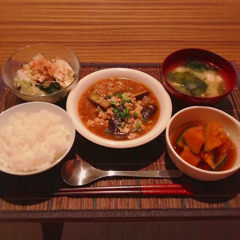 麻婆茄子、カボチャの煮物、豆腐とワカメのサラダ|はるさん