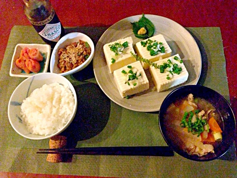 Rice,miso soup,Pickles&Natto🍚たらこ,納豆,冷奴,お味噌汁(豚汁),白飯|🌈Ami🍻さん