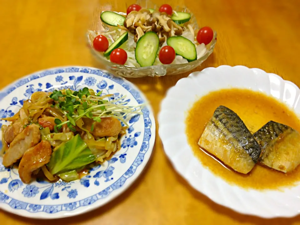 キャベツともやしと豚肉の胡麻味噌炒め、サバのみぞれ煮、キノコとタマネギのサラダ♪|yukaさん