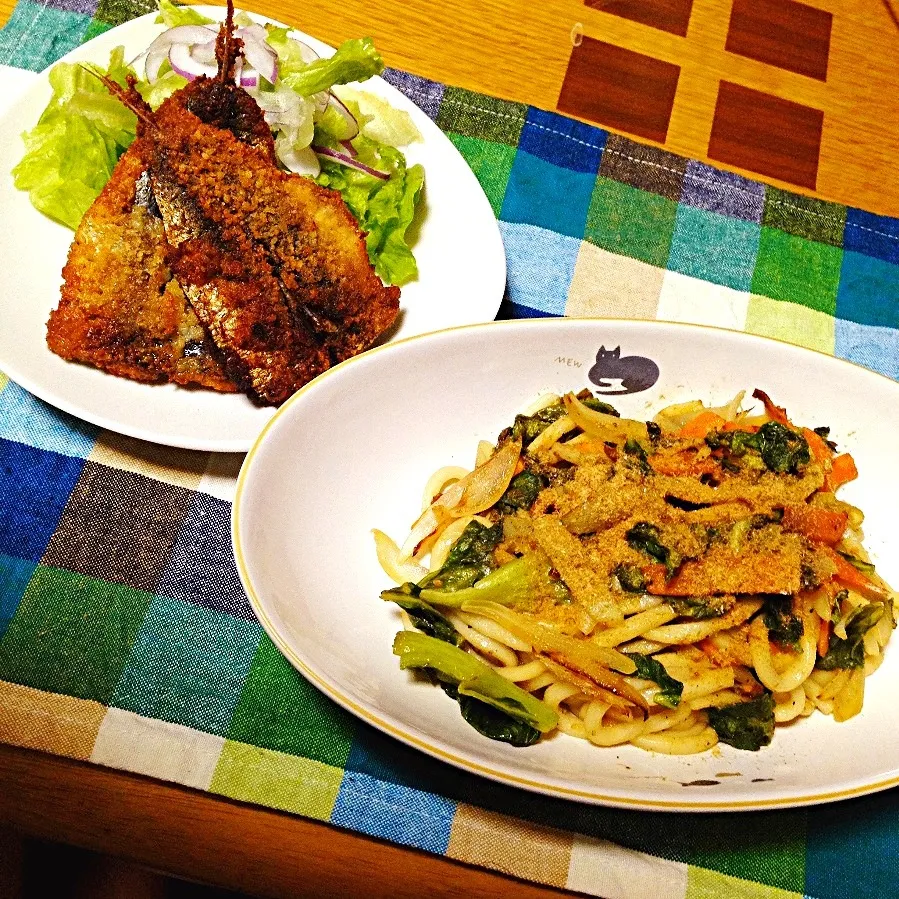 和風焼きうどん、魚の香草フライ❀|ピンコさん