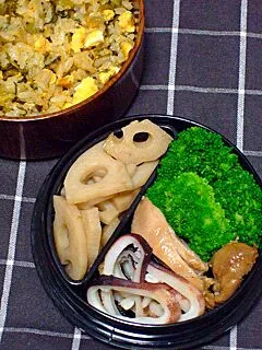 Snapdishの料理写真:お弁当（高菜炒飯、鶏もも肉の照り煮、焼きいか、れんこんのきんぴら、ブロッコリー）|すーさん