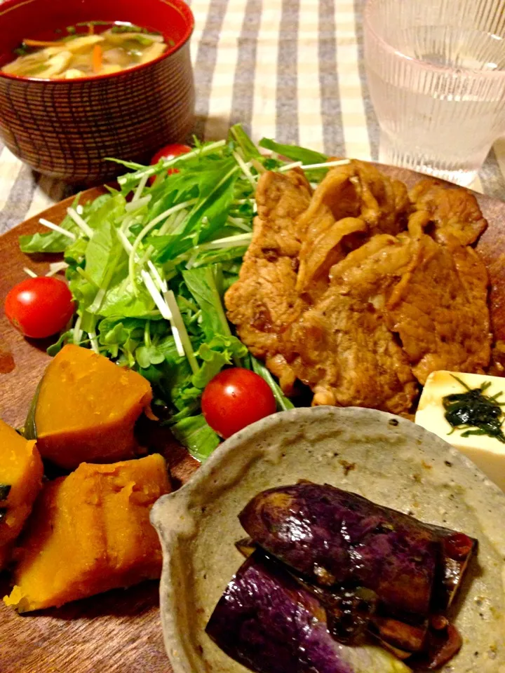 豚の生姜焼きと茄子辛浸しとかぼちゃ煮|pecoさん