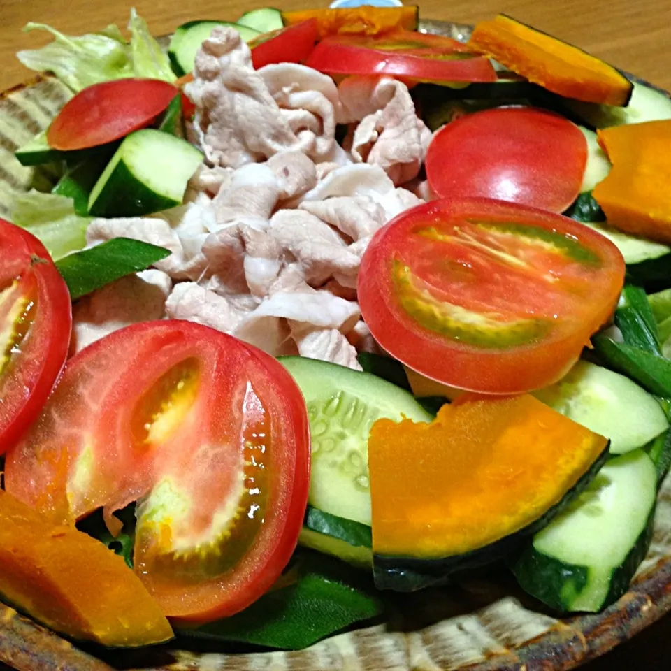 【今夜のウチご飯】冷しゃぶサラダ，鹿尾菜の炊き込み御飯，ワカメと人参とエノキのお味噌汁。冷しゃぶには，黒酢たれ［ごましょうが］をかけてみました。しょうがが効いてうまうま〜。炊き込み御飯好きにはたまらない夜（≧∇≦）|takuya KAWANOさん