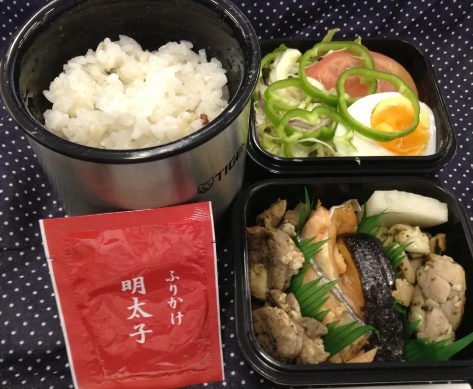 Snapdishの料理写真:弁当（牛ミスジ胡椒焼、塩鮭、鶏肉粒辛子焼、大根酢漬け、サラダ、ゆで卵、ふりかけ）|SasaMasa213さん